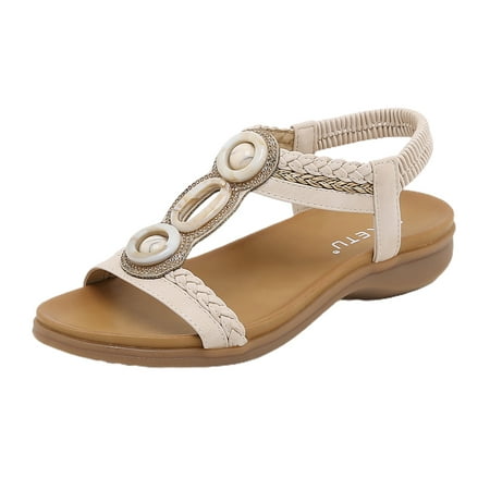 

ZIZOCWA Women Shoes Platform Sandals Pu Leather Weave Elastic Band Fish Mouth Casual Sandals Bohemian Open Toe Beach Sandals Vintage Beige Size9