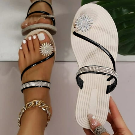TOYFUNNY Womens Slipper Flat Toe Pearl Elastic Strap Slipper Sandals