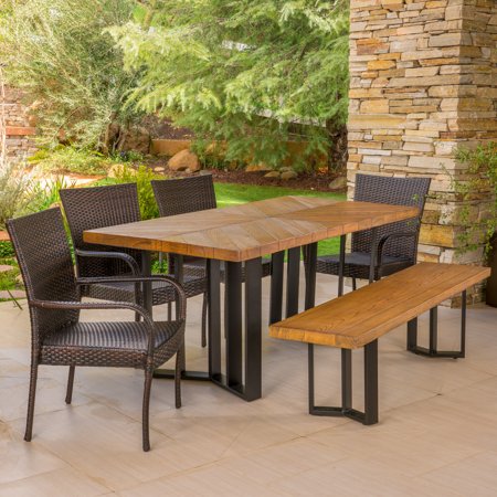 Fiona Outdoor 6 Piece Wicker Dining Set with Light Weight Concrete Dining Table and Bench, Textured Brown, Black, Multibrown