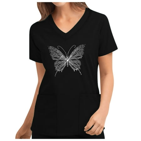 Scrubs Tops for Women Butterfly Print V-Neck Short Sleeve Stretch Nurse Working Uniform Blouse with Pockets
Scrubs Tops for Women Butterfly Print V-Neck Short Sleeve Stretch Nurse Working Uniform Blouse with Pockets