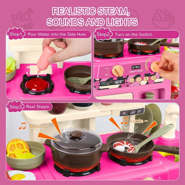 Wisairt Play Kitchen Set for Kids, 2.1FT Toy Play Kitchen w/ Realistic Lights Sounds Simulation Spray for Toddlers Girls Boys Gift 42Pcs - Small (Pink 18x8.6x24.8in) Wisairt Play Kitchen Set for Kids, 2.1FT Toy Play Kitchen w/ Realistic Lights Sounds Simulation Spray for Toddlers Girls Boys Gift 42Pcs - Small (Pink 18x8.6x24.8in) - Image 2