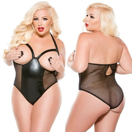 KOOYI Womens Sexy Plus Size Leather Lace Lingerie Underwear Bodysuit Sleepwear Valentine s Nightgown Pajamas Black / M