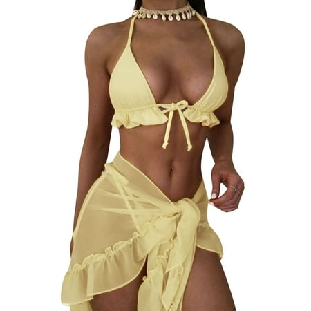 Xsylife Women s 3 Piece Bikini Ruffle Bandage Halter Bra + Panties + Cover Ups Beach Swimsuit Set
Xsylife Women s 3 Piece Bikini Ruffle Bandage Halter Bra + Panties + Cover Ups Beach Swimsuit Set