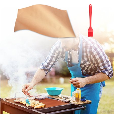 4Pack 12.99x15.74inch Copper BBQ Grill Mat Non-stick BBQ Grilling Bake Mats Cooking Sheet with Barbecue Tools Barbecue Brush , Reusable and Easy to Clean