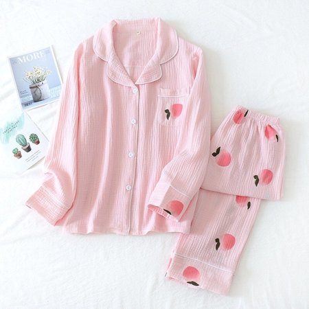 Spring New Ladies Pajamas Set Heart Printed Crepe Cotton Double-layer Gauze Turn-down Collar Long-sleeve Trousers Household Wear 
Spring New Ladies Pajamas Set Heart Printed Crepe Cotton Double-layer Gauze Turn-down Collar Long-sleeve Trousers Household Wear