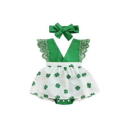 St. Patrick s Day Baby Girl Romper V Neck Buttons Clover Print Toddlers Casual Bodysuit Headband 2Pcs Set