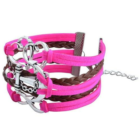 Zodaca Fashion Leather Cute Infinity Charm Bracelet Jewelry Silver lots Hot Pink/Brown Heart