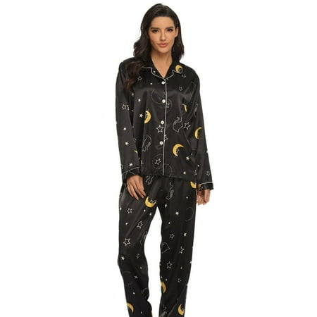 Womens Silk Satin Pajamas Long Sleeve Loungewear Two-piece Sleepwear Button-Down Pj Set