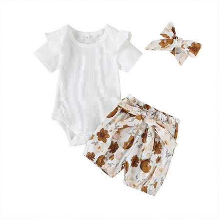 Baby Summer Clothes Toddler Girls 2pcs Solid Ruffle Sleeve Ribbed Top Printed Shorts Headband Suit Clothing Outfits
Baby Summer Clothes Toddler Girls 2pcs Solid Ruffle Sleeve Ribbed Top Printed Shorts Headband Suit Clothing Outfits