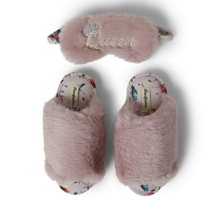 Dearfoams Women s Louise Furry Cross Band Slide Slippers Set with Sleep Eye Mask