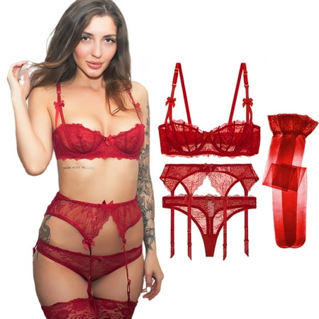 Varsbaby Women s Demi Cup Bra Thongs Garters Stocking Lingerie Set