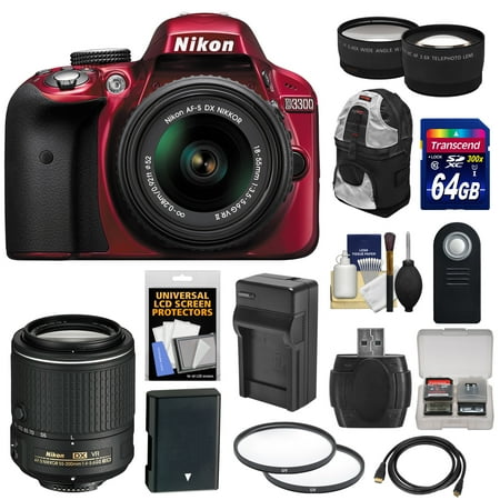 Nikon D3300 Digital SLR Camera & 18-55mm G VR DX II (Red) with 55-200mm VR II Lens + 64GB Card + Backpack + Battery & Charger + Tele\/Wide Lens Kit