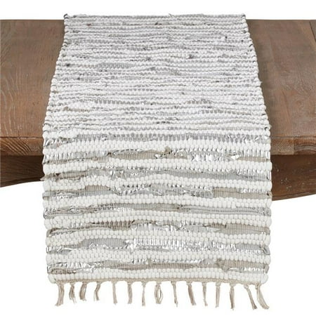 SARO Leather & Cotton Woven Chindi Table Runner Silver