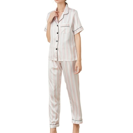 UKAP Women Short Sleeve 2PCS Silk Satin Pajamas Set Jersey Sleepwear Pjs Summer Striped Button Down Nightwear with Long Pants
UKAP Women Short Sleeve 2PCS Silk Satin Pajamas Set Jersey Sleepwear Pjs Summer Striped Button Down Nightwear with Long Pants