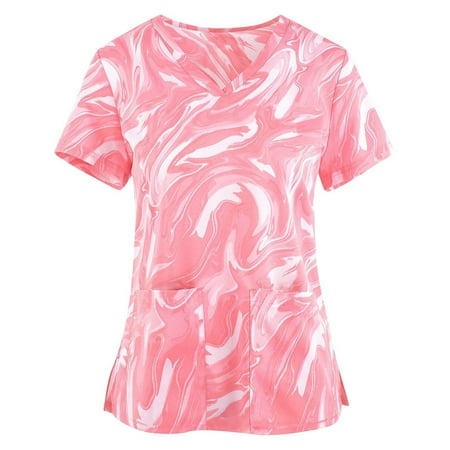 QAZXD Womens Scrubs Summer Fashion Printing Short Sleeve V-Neck Tops Workwear Pocket Blouses