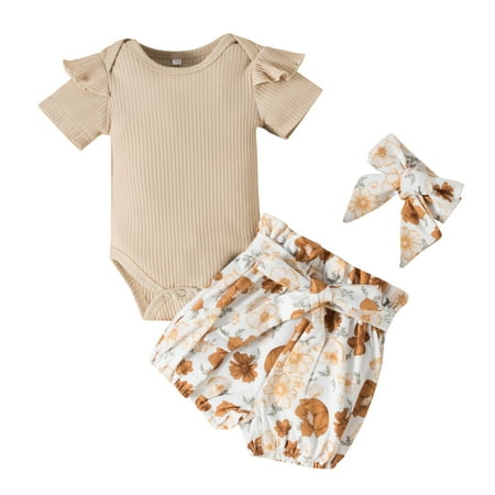 Dooleck Baby Girl Clothes Infant Outfit Ruffle Ribbed Bodysuit Floral Shorts Set