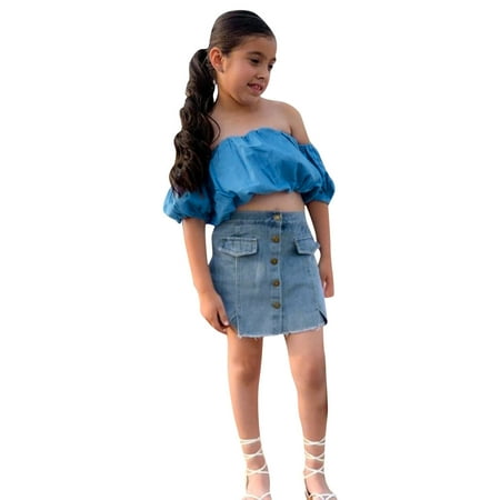 Kids Sets Clothing For Toddler Girls Solid Color O-Neck Summer One Line Shoulder Fashion Top Denim Skirt Outfits Dailywears Comfortable Loose Fittness Sets
Kids Sets Clothing For Toddler Girls Solid Color O-Neck Summer One Line Shoulder Fashion Top Denim Skirt Outfits Dailywears Comfortable Loose Fittness Sets