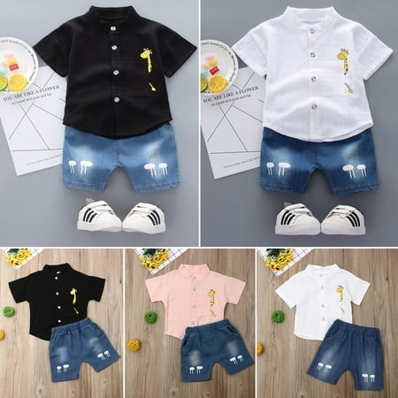 2PCS Baby Boys Gentleman Shirt Tops+ Jeans Shorts Kids Summer Clothes Outfits