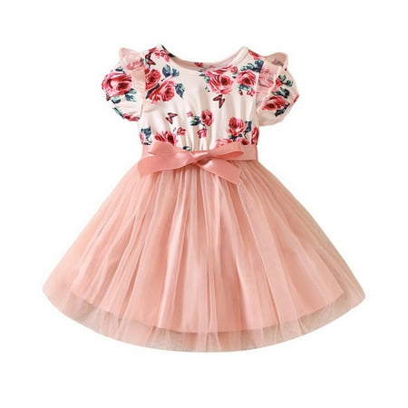 CLZOUD Swing Dress for Girls Red Polyester Girls Summer Lace Sleeves Rose Print Mesh Dress Neck Waist Short Sleeve Princess Dress for Children Aged 2 To 7 110