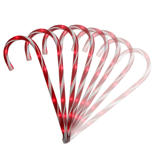 Set of 8 Red Lighted Candy Cane Christmas Lawn Stakes with 8 Functions and Remote