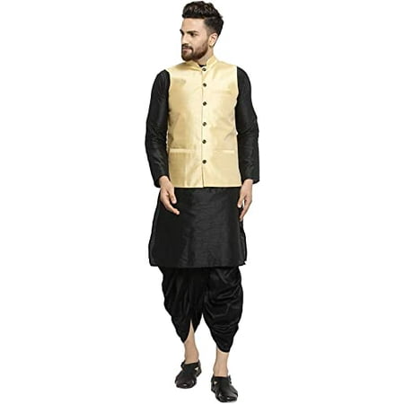 Royal Kurta Men s Silk Blend Kurta Dhoti & Nehru Jacket Set (40 Gold-Black-AO)