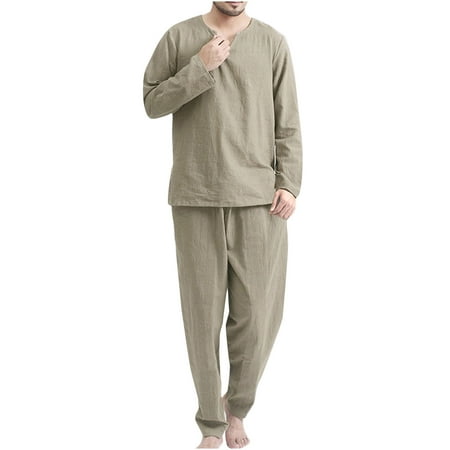 Mens Casual Pajamas Set Linen Solid Color Long Sleeve V-Neck Tops Loose Pants Homewear 2Pcs Set for Men
Mens Casual Pajamas Set Linen Solid Color Long Sleeve V-Neck Tops Loose Pants Homewear 2Pcs Set for Men