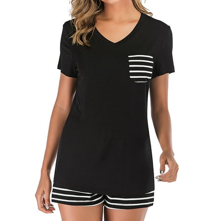 Hanerdun Women Pajama Set V-Neck Top Striped Shorts Female Sleepwear Black M
Hanerdun Women Pajama Set V-Neck Top Striped Shorts Female Sleepwear Black M