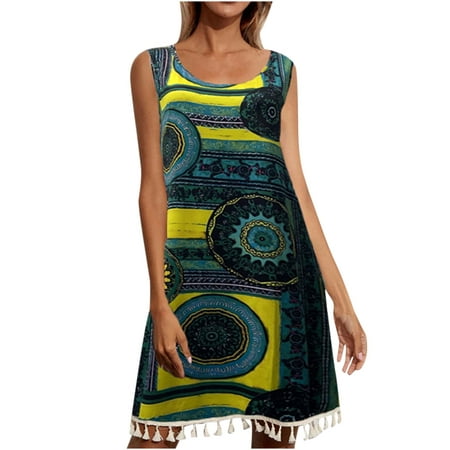 

Maxi Dress for Women Wedding Dress Women Fashion Retro Sleeveless O Neck Loose Fit Casual Printed Tassel Dress Clearance 2022 Sundresses for Women Valentines Day Dress Green 2XL