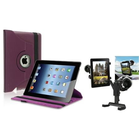 Insten Black Car Mount Holder+Purple 360 Rotating Leather Case for iPad 2 nd 3 rd 4 th (Supports Auto Sleep\/Wake)