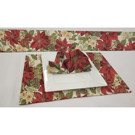 

Christmas Poinsettia Placemat Table Runner Cloth Napkins Set by Penny s Needful Things (6 Napkins & 6 Placemats) (3 Feet Long Table Runner) (Hunter Green)