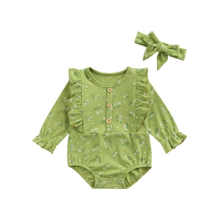 Sunisery Infant Baby Girls Rompers Headband 2Pcs Clothes Flowers Printed Ruffles Long Sleeve Button Jumpsuit Green 12-18 Months
Sunisery Infant Baby Girls Rompers Headband 2Pcs Clothes Flowers Printed Ruffles Long Sleeve Button Jumpsuit Green 12-18 Months