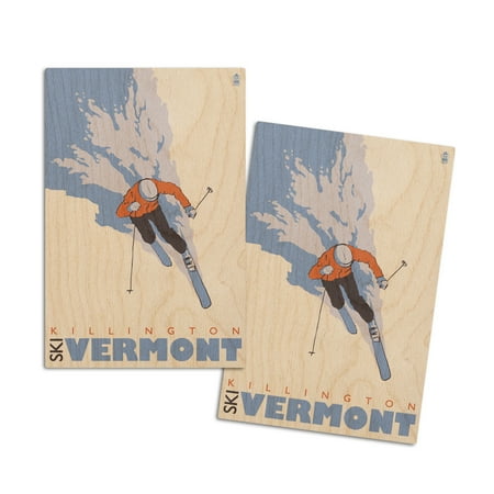 Stylized Skier Killington Vermont (4x6 Birch Wood Postcards 2-Pack Stationary Rustic Home Wall Decor)