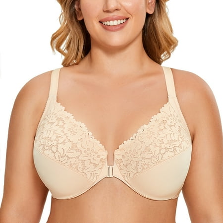 DELIMIRA Women s Front Closure Full Coverage Lace Underwire Racerback Bra