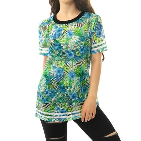 Unique Bargains Women's Floral Semi Sheer Casual Longline Mesh Top