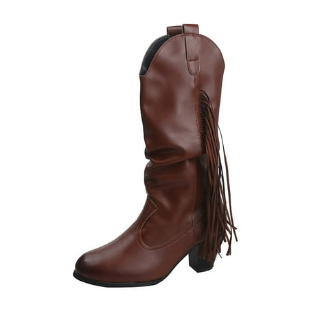 jsaierl Autumn Winter Women Tassel Thick Heel High-heel Overshoes Mid Length Boots