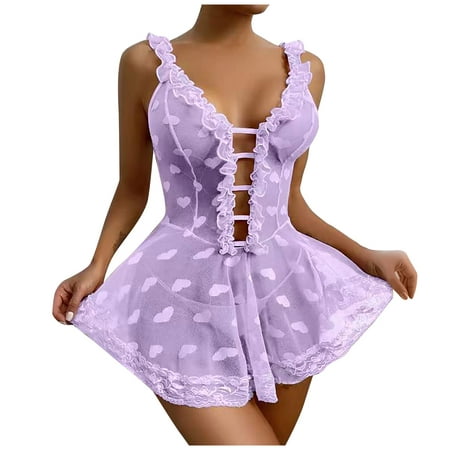 

OVTICZA Valentines Lingerie for Women Deep V Neck Spaghetti Strap Chemise Babydoll Nightgown Lace Mesh Sleepwear Purple 2XL