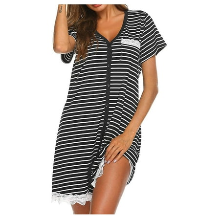 Womens Summer Dresses Women Loose Short Sleeve Lace V-Neck Stripe Printed Home Nightdress Dress
Womens Summer Dresses Women Loose Short Sleeve Lace V-Neck Stripe Printed Home Nightdress Dress
