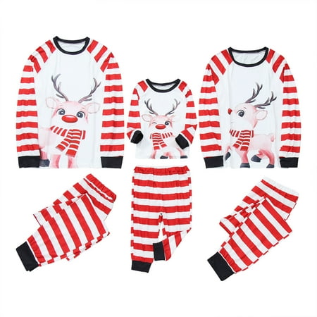 Christmas Pajamas Cute Deer Print Long Sleeve Striped PJS Set