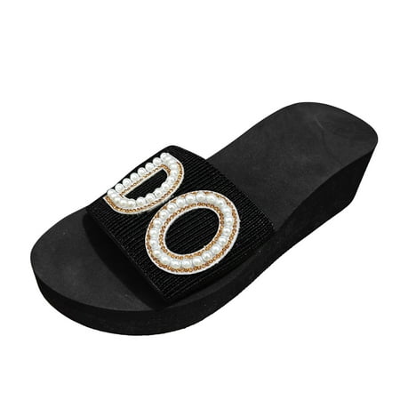 Youmylove Women Slide Slippers Fashion Summer Pearl Decoration Open Toe Thick Sole Slope Heel Slippers Comfort Cozy Leisure Daily Walking