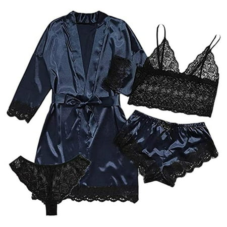 4Pcs/Set Pajamas Set Women\ s Satin Robe Nightwear Lounge Set with Cami Sleepwear Floral Lace Trim Bule-XL
4Pcs/Set Pajamas Set Women\ s Satin Robe Nightwear Lounge Set with Cami Sleepwear Floral Lace Trim Bule-XL