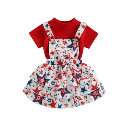 Newborn Infant Baby Girl July 4th Outfit Clothes Short Sleeve High Collar Romper Suspender Cake Skirt Dress