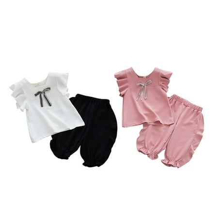 Summer Toddler Kids Baby Girls Casual Ruffle Sleeveless Bow Tops T-shirt+ Loose Pants Suits Costume Set
