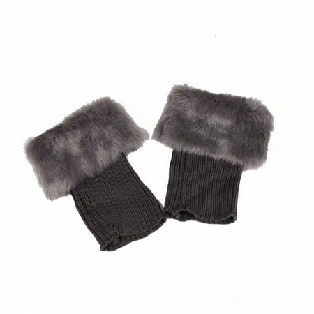 Women Winter Solid Color Leg Warmers Crochet Ribbed Knit Faux Fur Trim Boot Cuff
