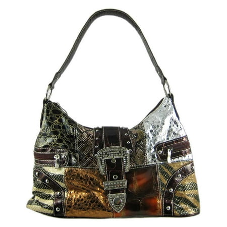 Patchwork Animal Print Rhinestone Bucket Bag