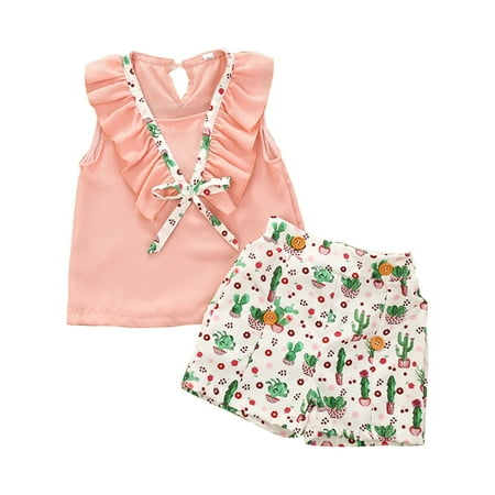 Sleeveless Solid Color Ruffle Bow Top Cactus Flower Printed Shorts Summer Girls Suits Child Leisure Outwear
Sleeveless Solid Color Ruffle Bow Top Cactus Flower Printed Shorts Summer Girls Suits Child Leisure Outwear