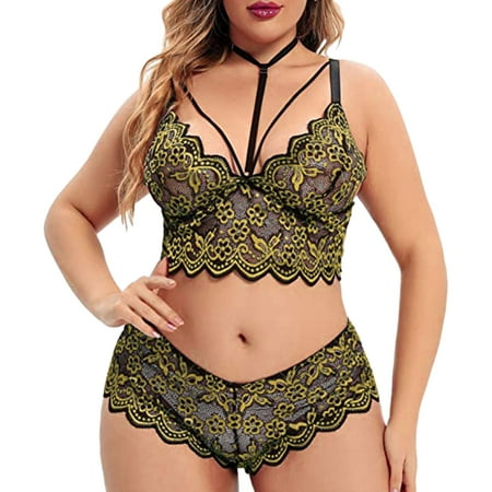

TAIAOJING Plus Size V Neck High Waist Floral Lace Criss Cross Bra And Panty 2 Piece Set No Underwire Chemise Negligee Nightgowns Bralette Bras