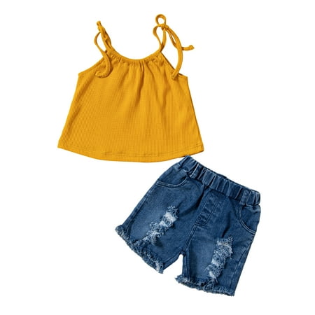 Suanret Toddler Girl Summer Streetwear Set Solid Color Sleeveless Tie-Up Camisole Elastic Waist Denim Ripped Shorts Yellow 2-3 Years
Suanret Toddler Girl Summer Streetwear Set Solid Color Sleeveless Tie-Up Camisole Elastic Waist Denim Ripped Shorts Yellow 2-3 Years