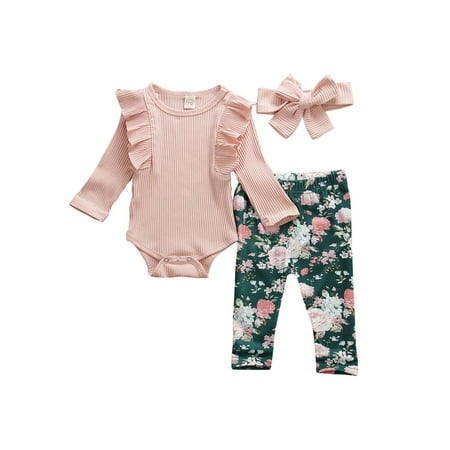 

Meihuid Baby Girls Ruffle Romper Bodysuit Floral Halen Flared Long Pants Headband