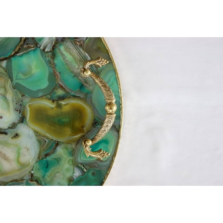 Green Agate Serving Tray With Brass Handles | Circular
