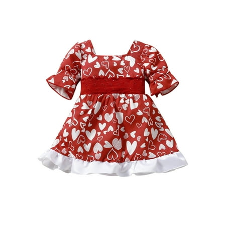 FINELOOK Baby Girls Summer Dress Short Puff Sleeve Big Waist Bow Ruffle Dress Red 12-18 Months